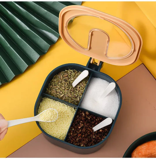 Premium 4 Grid Seasoning Box and Masala Storage Organizer with Spoons