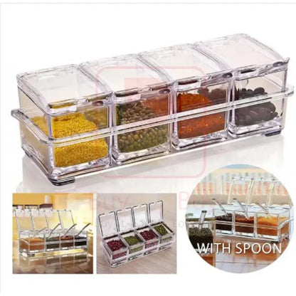 4 Compartment Luxury Acrylic Masala Box with Serving Spoons and Removable Tray