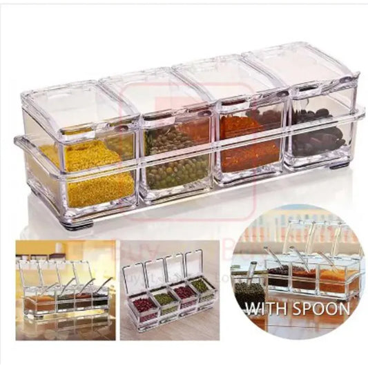 4 Compartment Luxury Acrylic Masala Box with Serving Spoons and Removable Tray