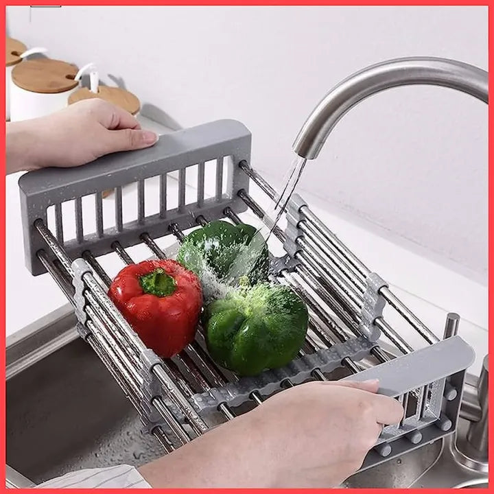 Expandable Stainless Steel Kitchen Sink Organizer and Drying Basket (Black)