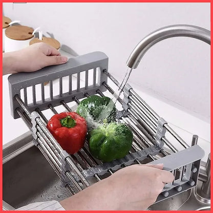 Expandable Stainless Steel Kitchen Sink Organizer and Drying Basket (Black)