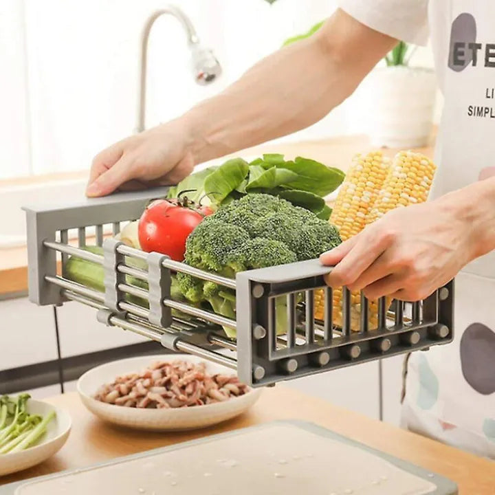 Expandable Stainless Steel Kitchen Sink Organizer and Drying Basket (Black)