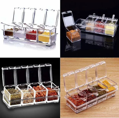 4 Compartment Luxury Acrylic Masala Box with Serving Spoons and Removable Tray