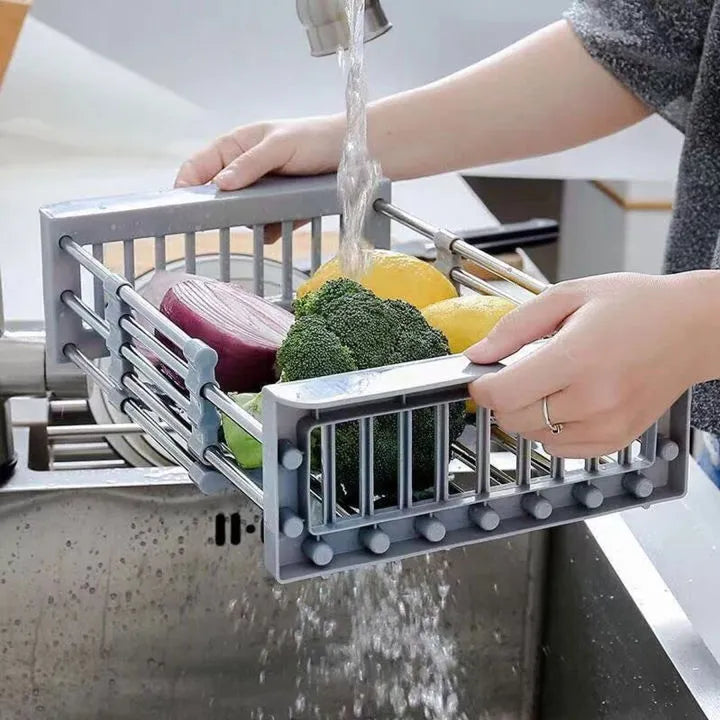 Expandable Stainless Steel Kitchen Sink Organizer and Drying Basket (Black)