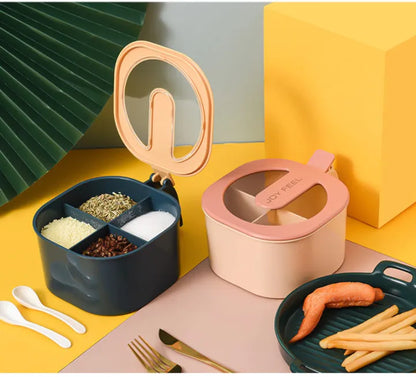 Premium 4 Grid Seasoning Box and Masala Storage Organizer with Spoons