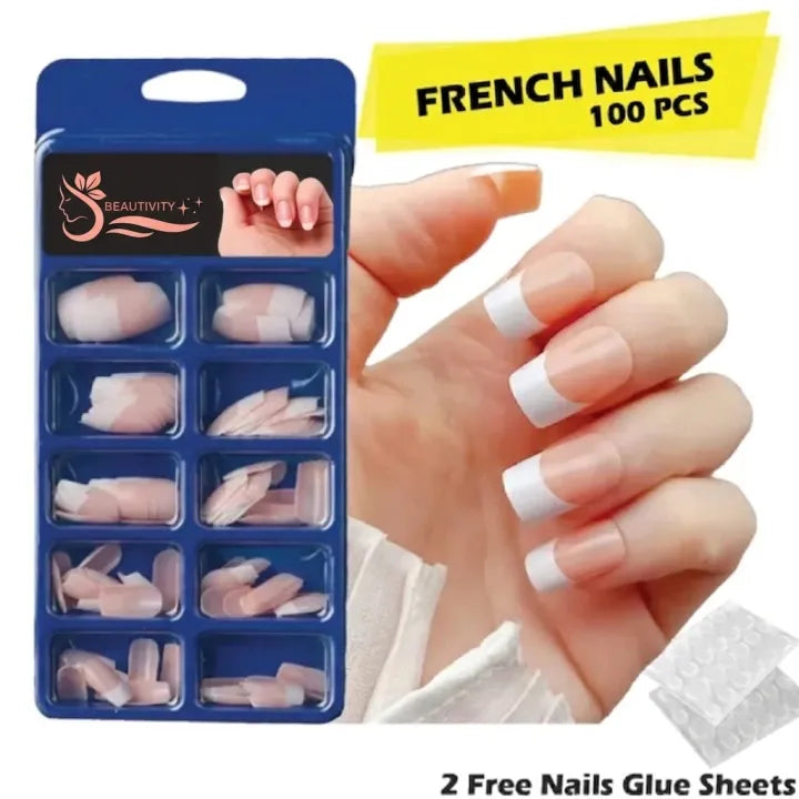 Premium 100 Piece French Acrylic False Nails Kit with Adhesive Glue Sheets