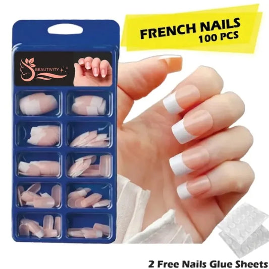 Premium 100 Piece French Acrylic False Nails Kit with Adhesive Glue Sheets