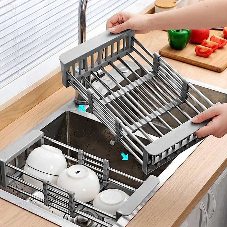 Expandable Stainless Steel Kitchen Sink Organizer and Drying Basket (Black)