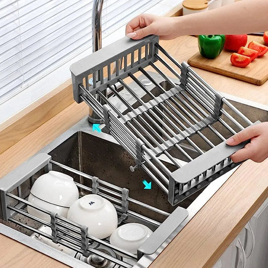 Expandable Stainless Steel Kitchen Sink Organizer and Drying Basket (Black)
