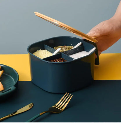 Premium 4 Grid Seasoning Box and Masala Storage Organizer with Spoons