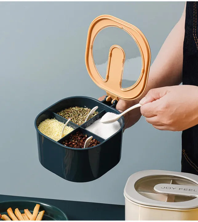Premium 4 Grid Seasoning Box and Masala Storage Organizer with Spoons