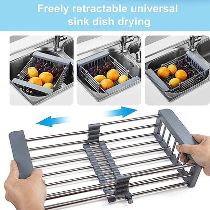 Expandable Stainless Steel Kitchen Sink Organizer and Drying Basket (Black)