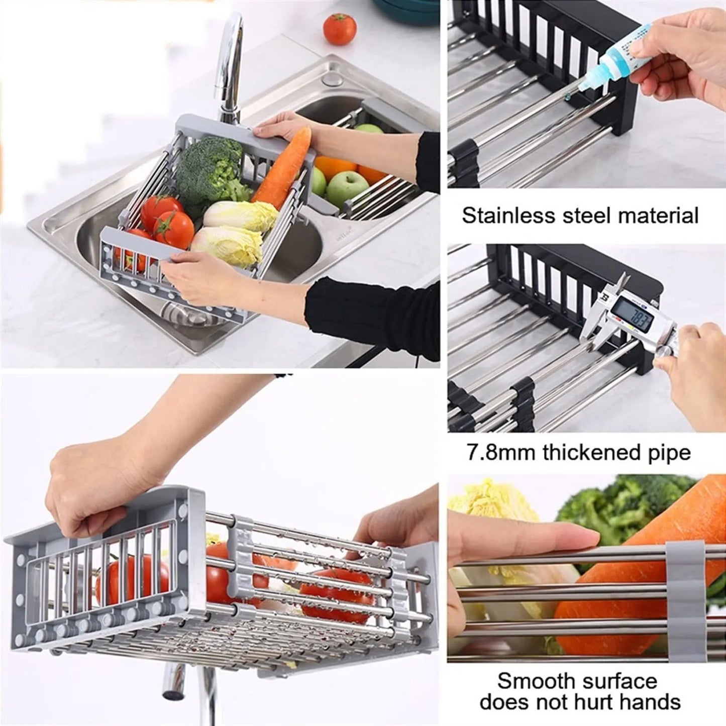 Expandable Stainless Steel Kitchen Sink Organizer and Drying Basket (Black)