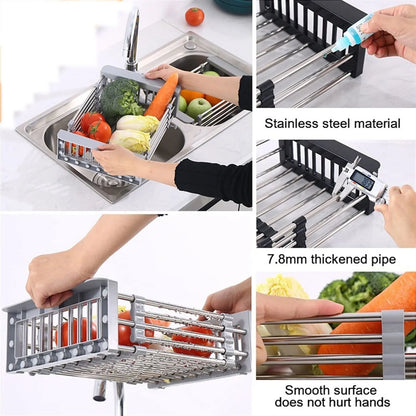 Expandable Stainless Steel Kitchen Sink Organizer and Drying Basket (Black)