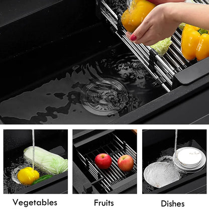 Expandable Stainless Steel Kitchen Sink Organizer and Drying Basket (Black)